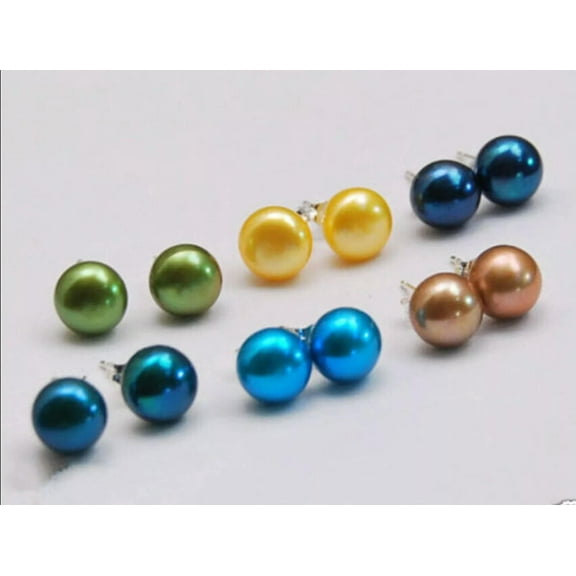 K-KED Wholesale 6 Pairs 7-8mm Multicolor Cultured Pearl 925 Silver Stud Earrings