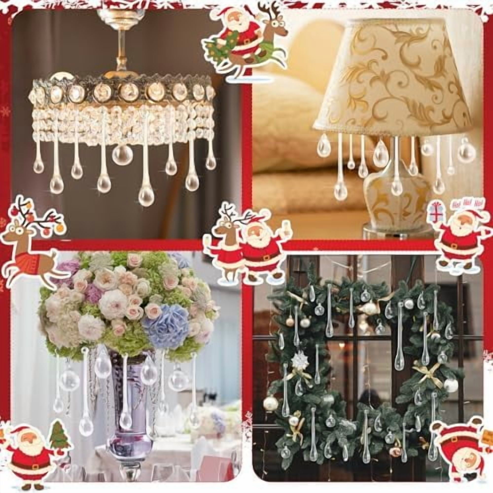 100 Pcs Christmas Tree Ornaments Clear Acrylic Hanging Teardrop Ornaments 5 Styles Christmas Crystal Chandelier Pendant Crystals for Centerpieces Chandelier Wedding Decor (Clear)