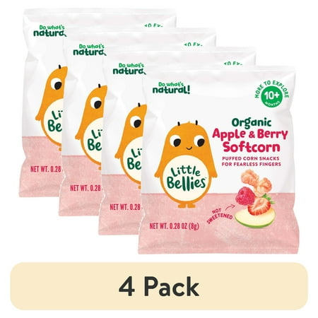 (4 pack) Little Bellies Organic Apple & Berry Softcorn Snack, Baby & Toddler Puff Snack, Age 10+ Months, 0.28 oz Bag