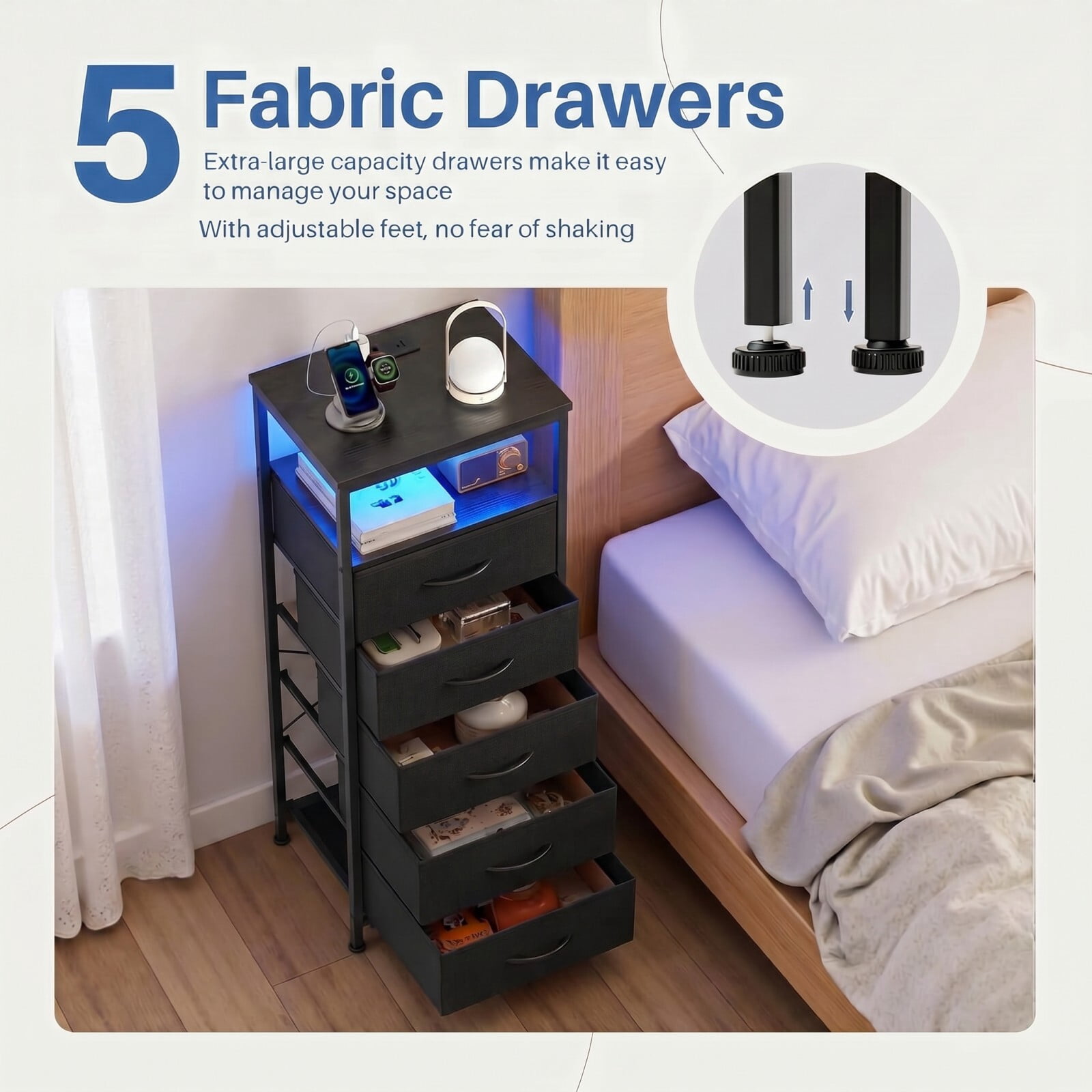 Kelno 5-Drawer Nightstand with Charging Station AC Outlets LED Light Dresser Bedside Table, Black