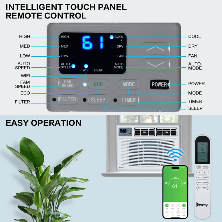 Ktaxon, WiFi Enabled Window AC, 8000 BTU Heat and Cool, 350 sq.ft