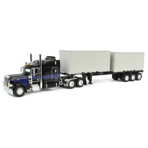 First Gear DCP 1/64 Black Peterbilt 389 63" Mid-Roof Sleeper w/ 2 20' Container Chassis 60-1927