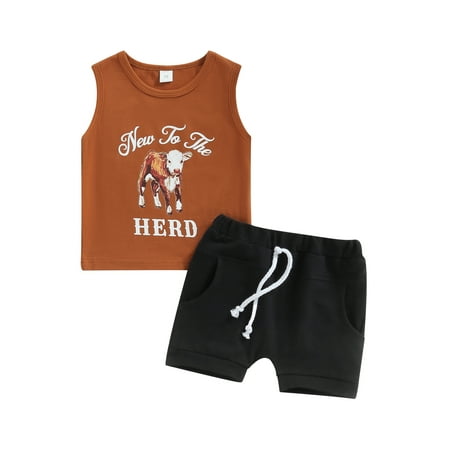 

Genuiskids Toddler Boys Clothes Sleeveless Round Neck Letters Tops Drawstring Short Pants Casual Outfits