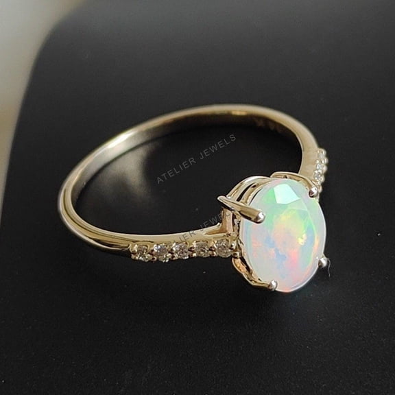 Natural Ethiopian Opal & Diamond Ring, 14K Solid Yellow Gold Ring, October Birthstone, Dainty Opal Diamond Ring, Opal Jewelry, Birthday Gift
