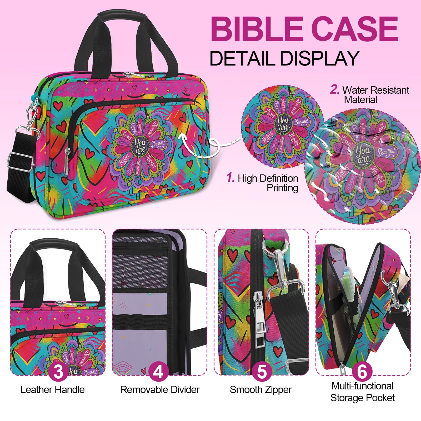 Bible Cover, Mandala Flower Large Bible Bag for Women, Bookmark Church Bag Study Supplies Journaling Kit Book Carrying Case with Bible Highlighters Shoulder Strap