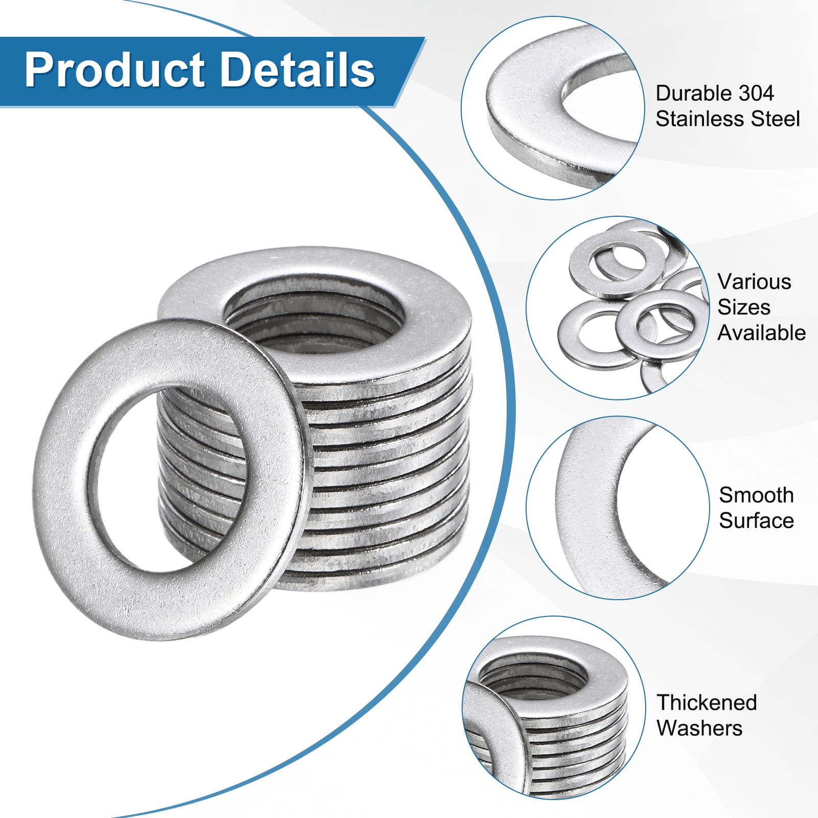 Uxcell 20-Pack 3/4" Flat Washers, 1-15/32" OD 304 Stainless Steel Washers for Bolts Screws Nuts[Silver]