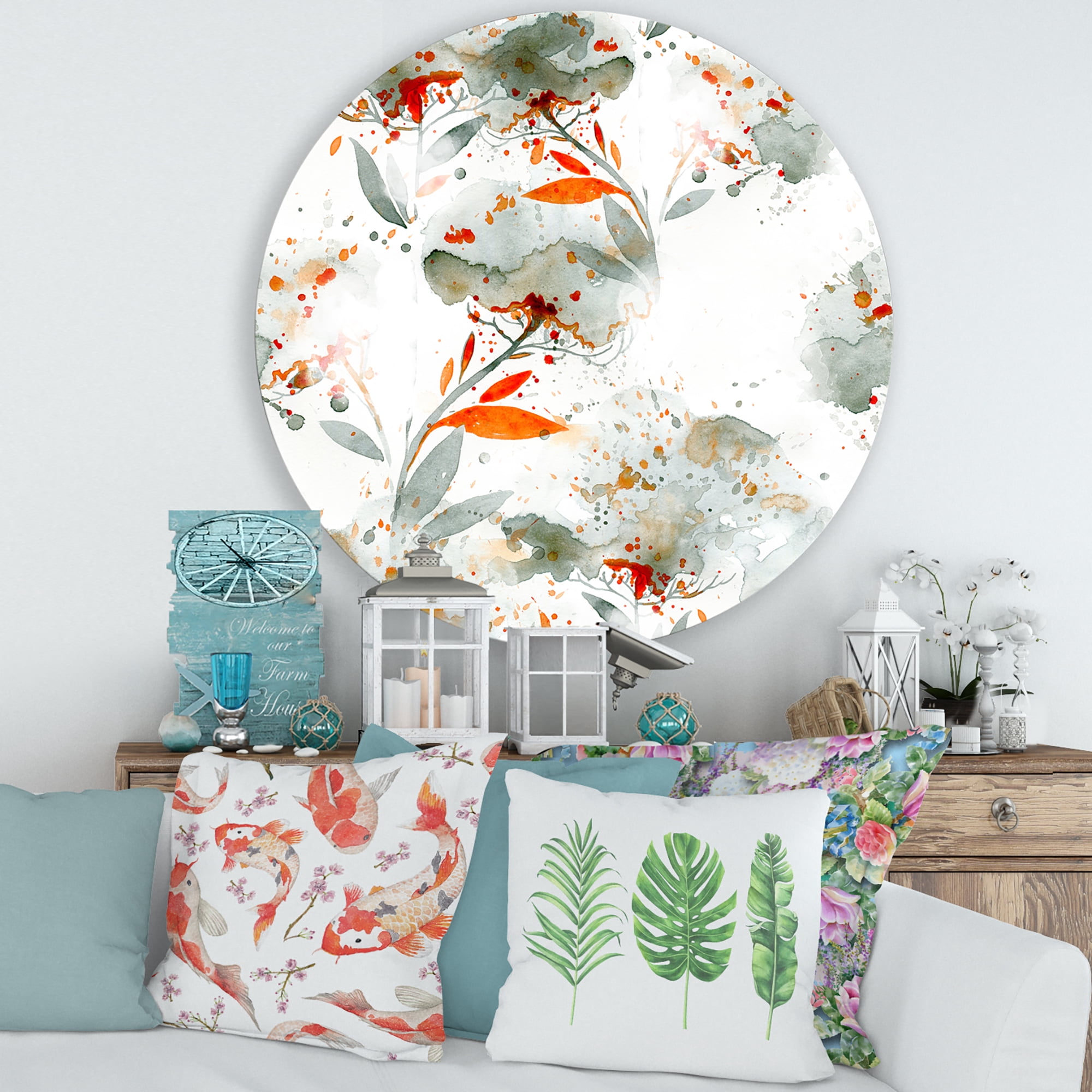 Designart 'Orange and Green Wildflowers I' Modern Circle Metal Wall Art 36x36 - Disc of 36