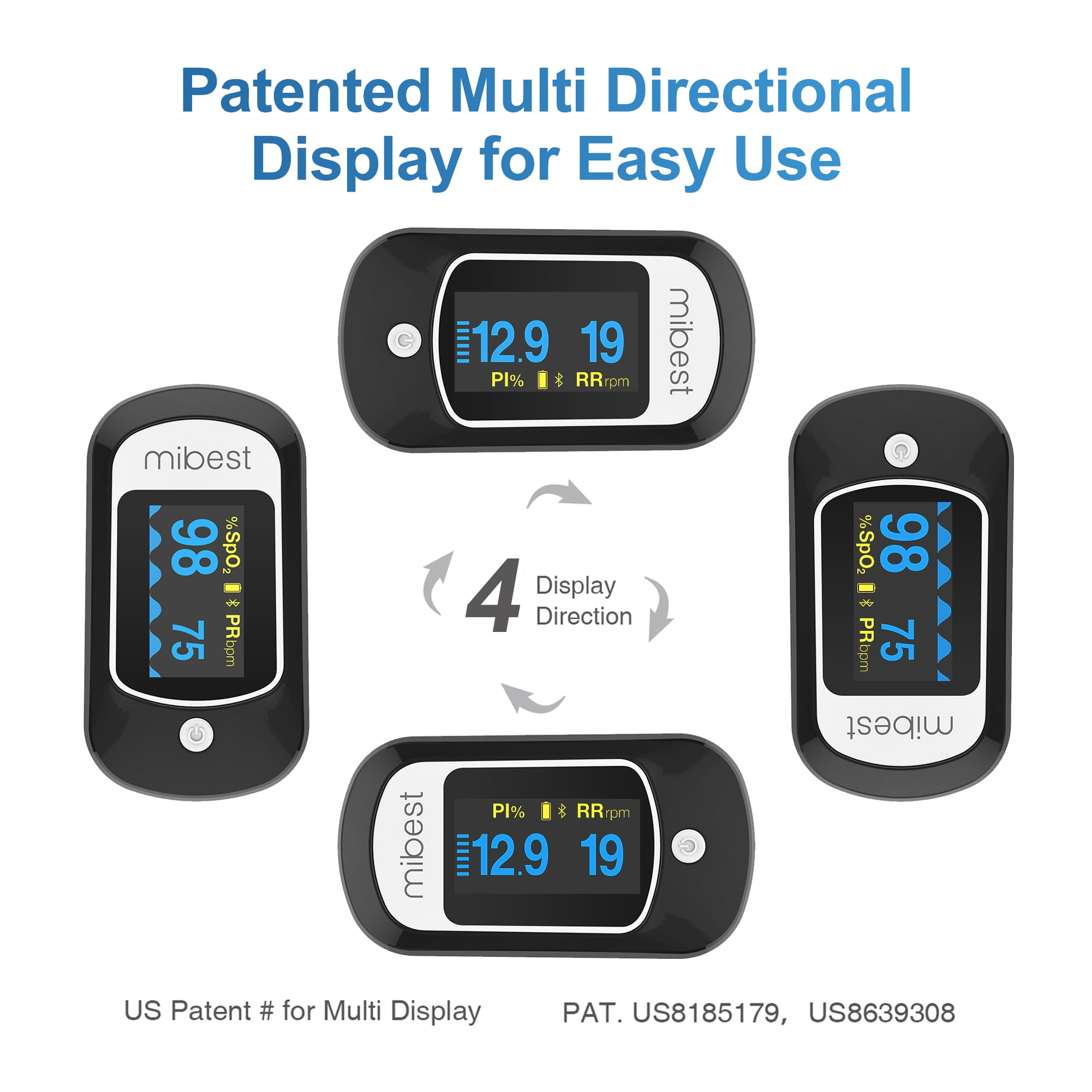 Mibest Bluetooth Pulse Oximeter - Blood Oxygen Saturation Monitor with App - SpO2, Pulse Rate, Respiration Rate, Plethysmograph and PI - Compatible with iOS & Android Smartphones - Free App