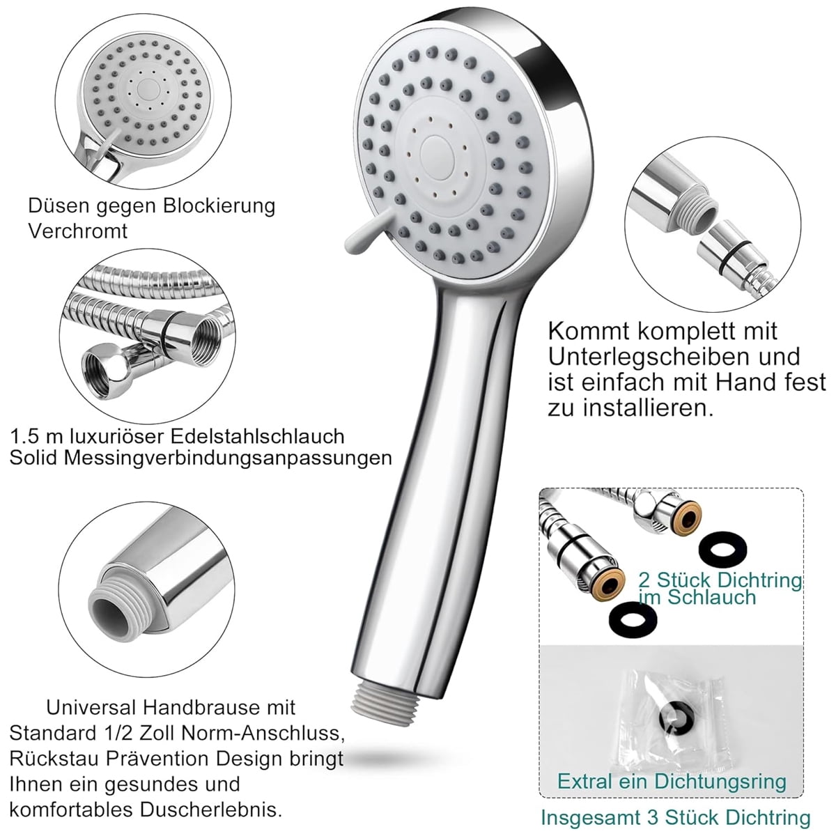 Shower Head Replacement with Water-Saving Pause Button, Adjustable Holder Angles for Optimal Comfort, ABS Material Chrome Finish for RVs, Campers &amp; Residential Use