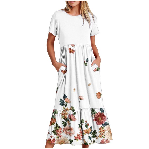 Puntoco Vestido Midi A La Moda Para Mujer, Estampado Floral, En Capas, Con Doble Bolsillo, Manga Corta, Cuello Redondo, Vestido Colorido Xl,Regalos Para Mujer Joven