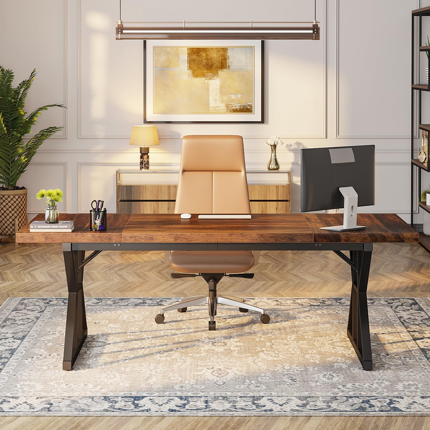 Finmind 71" Executive Desk, Large Computer Desk Study Writing Table for Home Office (Brown/Black)