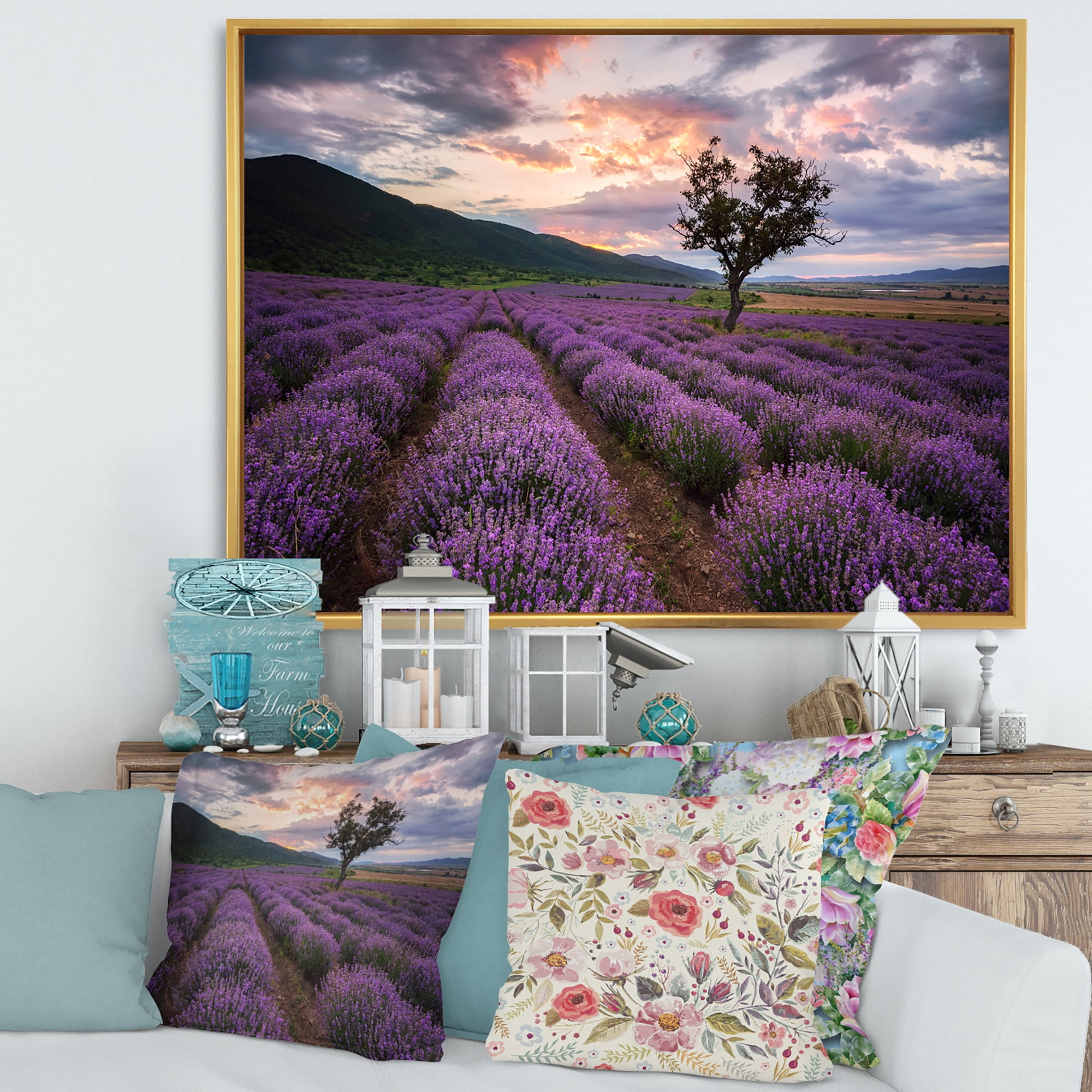 Designart 'Lavender Field At Sunrise III' Farmhouse Framed Canvas Wall Art Print