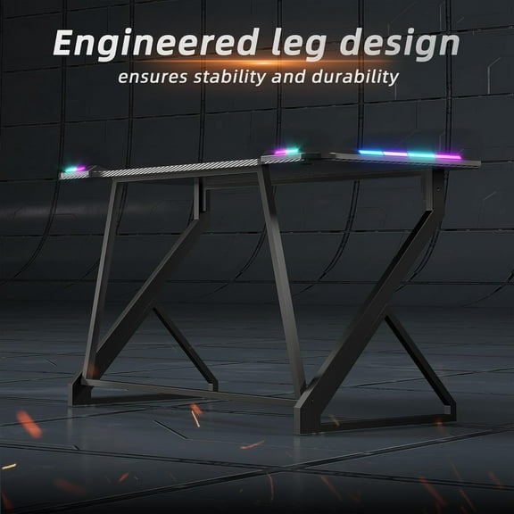 Gaming Desk with LED Lights, 40 Inch Computer Desk Z Shaped Gamer Workstation, Gaming Table with Carbon Fiber Surface, PC Gamer Desk, Black