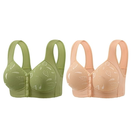 REORIAFEE Bras for Women Pack 2PC Front Closure Gathered Together No Wire Bras Solid Brassiere Comfy Wide Strap Breathable Corset Underwear Comfortable Classic Support Lingerie Green XXXXXL
