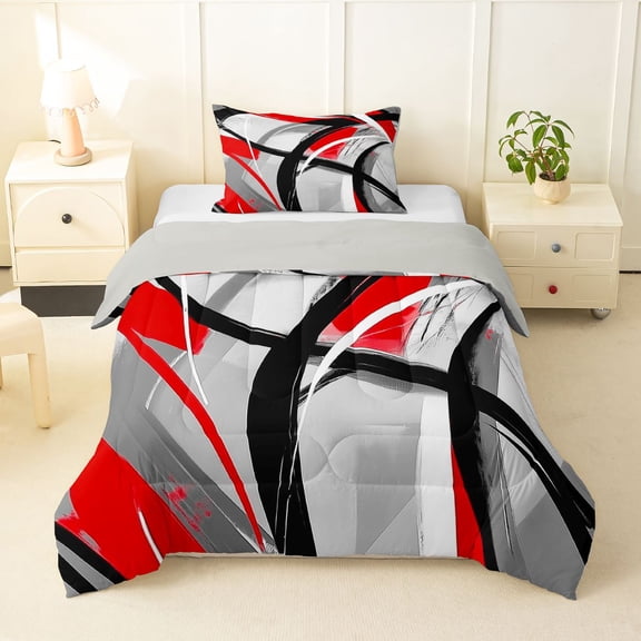Homewish Modern Spiral Twin Comforter Sets,Abstract Artwork Bedding Set,Red,Light Gray Reversible,2pcs,1 Comforter and 1 Pillowcase
