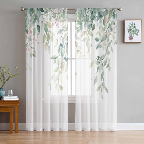 Eucalyptus Leaves Sheer Curtains 84 Inch Length 2 Panels Set for Living Room/Bedroom, Sage Green Botanical Spring Summer Curtain Sheers Drapes Rod Pocket Curtains Window Treatment Set 52''x84''x2