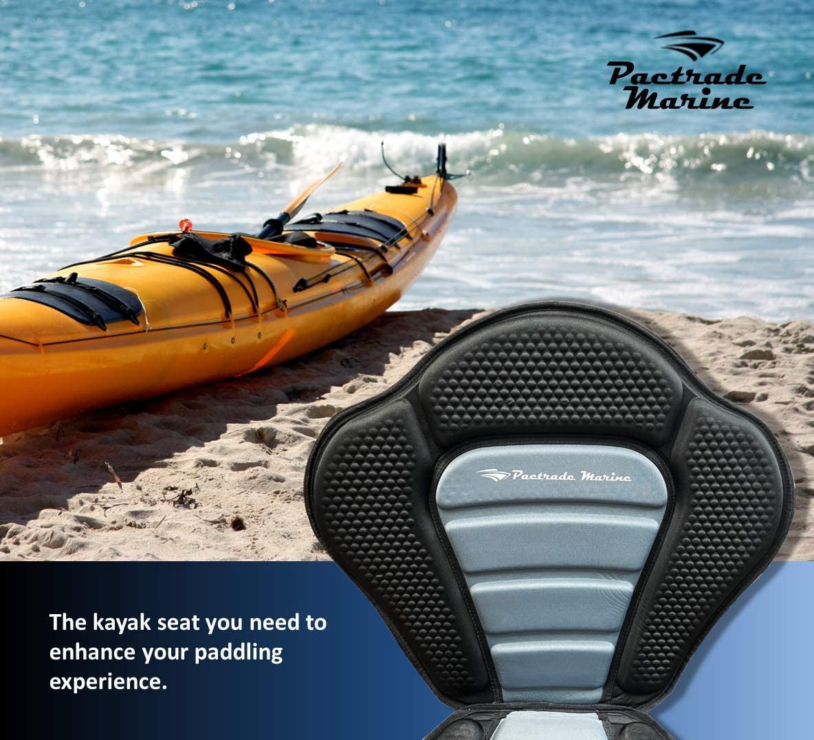 Pactrade Marine Boat Adjustable Straps Black Gray Extra Padded Deluxe Kayak Seat Detachable Storage Backpack Bag Canoe Backrest Support Cushion Sit on Top Fishing Brass Clips (1)
