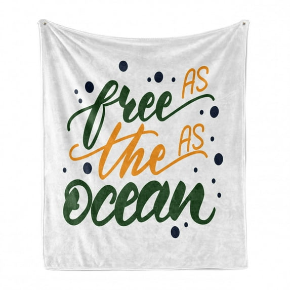 Saying Soft Flannel Fleece Throw Blanket, As Free As the Ocean Cursive Typography on Plain Background, Cozy Plush for Indoor and Outdoor Use, 60" x 80", Emerald Orange, by Ambesonne