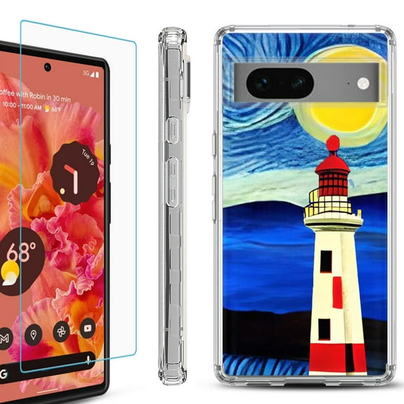 Shockproof Bumper Phone Case for Google Pixel 7, with Tempered Glass Screen Protector, by OneToughShield ® - Starry Night Lighthouse