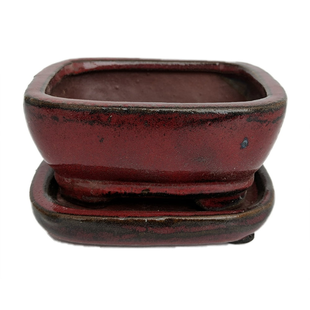 Small Ceramic Bonsai Pot / Saucer Red Rounded Rectangle 4" x 3 3/8" x