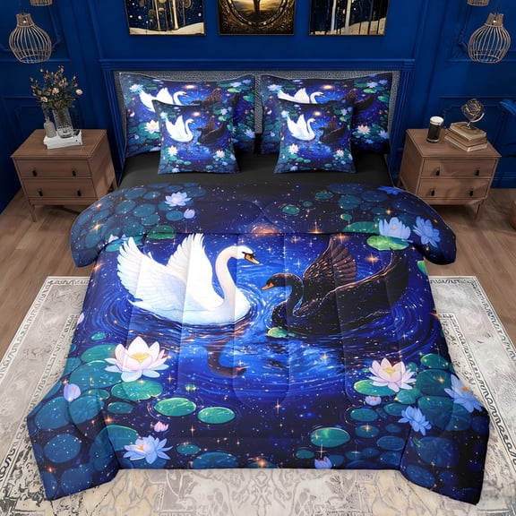 Castle Fairy Boys Girls Swan Couple Twin Bedding Sets 7-Piece,Chic Nature Floral Lotus Bedding Comforter Set Microfiber,Romantic Valentine's Day Breathable Sheet Sets,Luxury Bedroom Decor,Reversible