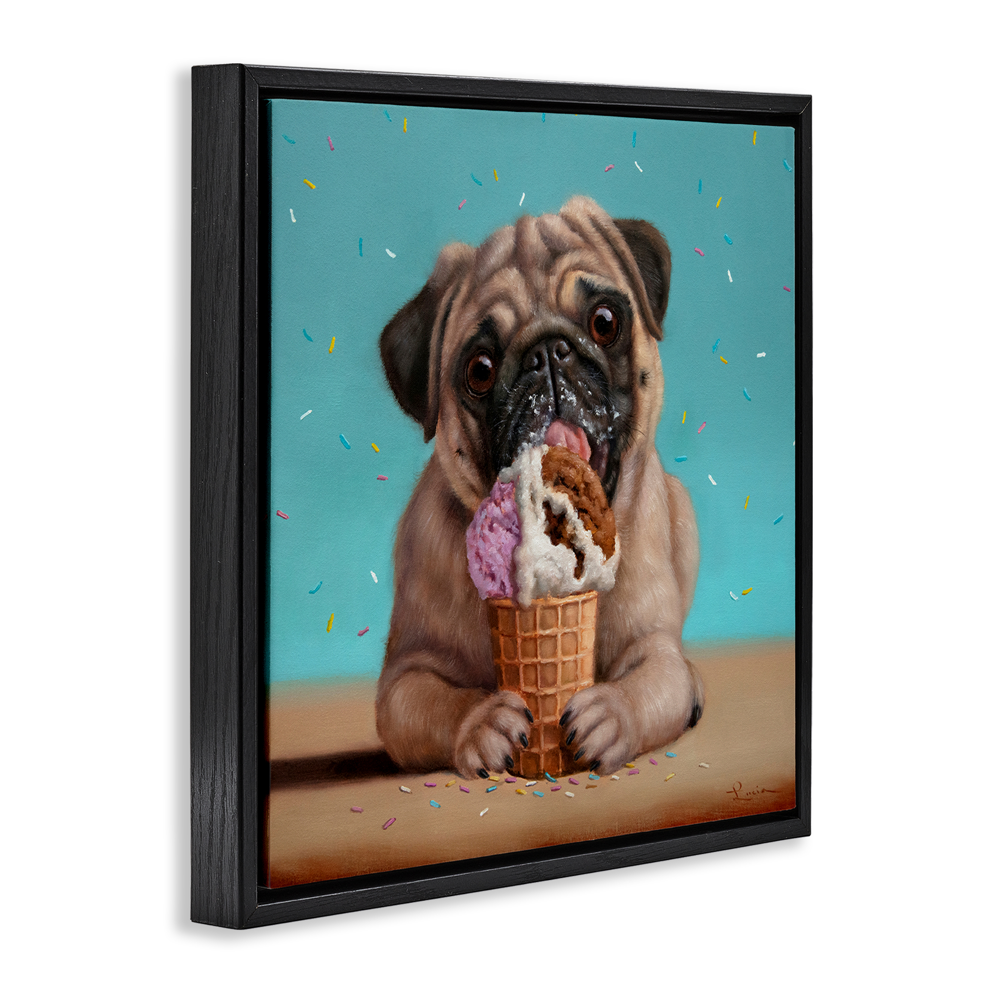 Neapawlitan Ice Cream & Dog Black Framed Floater Canvas Wall Art, design by Lucia Heffernan