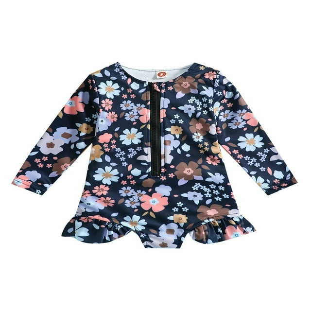 QJUHUNG Kid Baby Girls One Piece Swimsuit Long Sleeve Zipper Swimwear Ruffle Rashguard Bathing Suits Beachwear