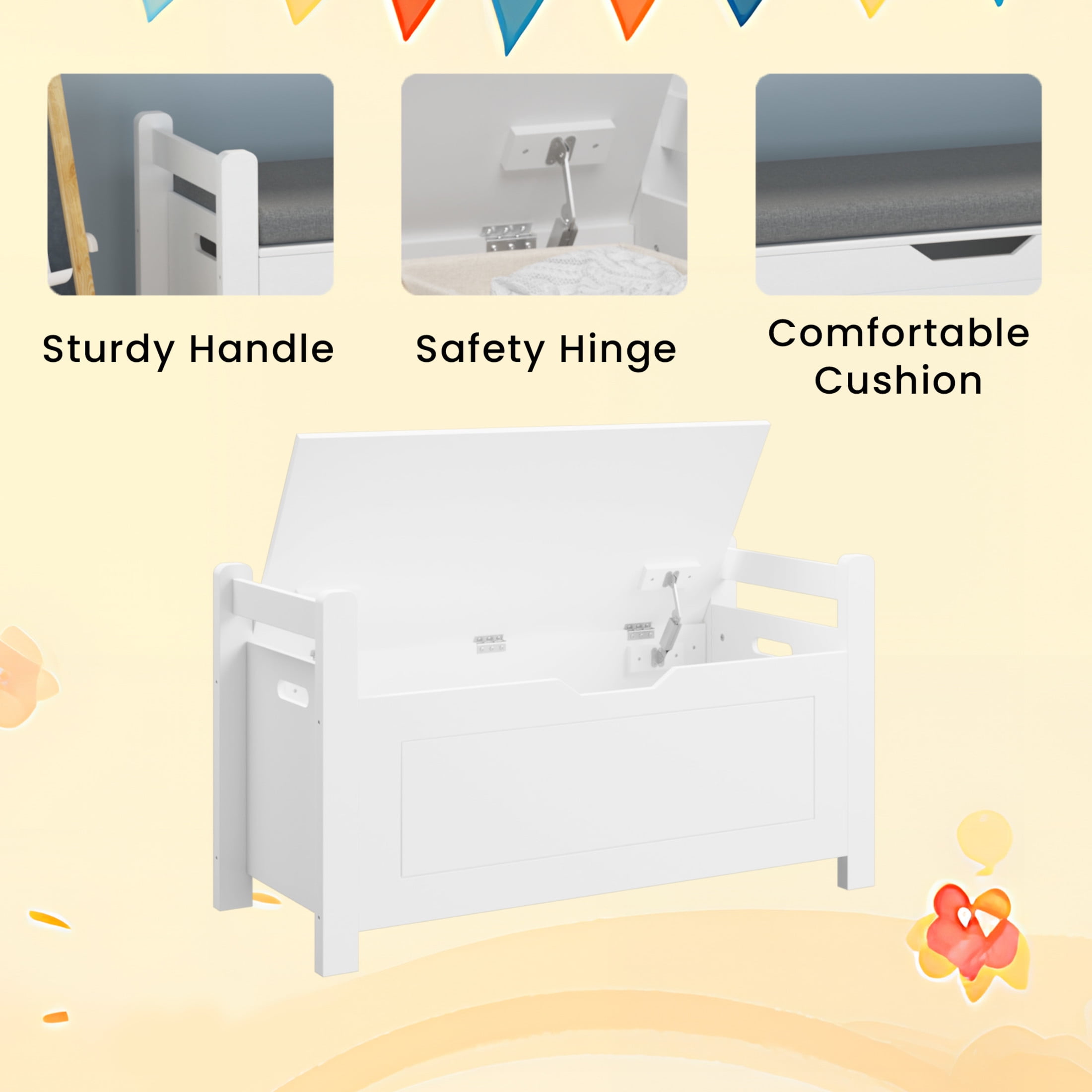 Noble House Quillan 35" Kids Toy Box Chest with Cushion Seat, Flip-Top Safety Hinge Storage Bench, Playroom, White