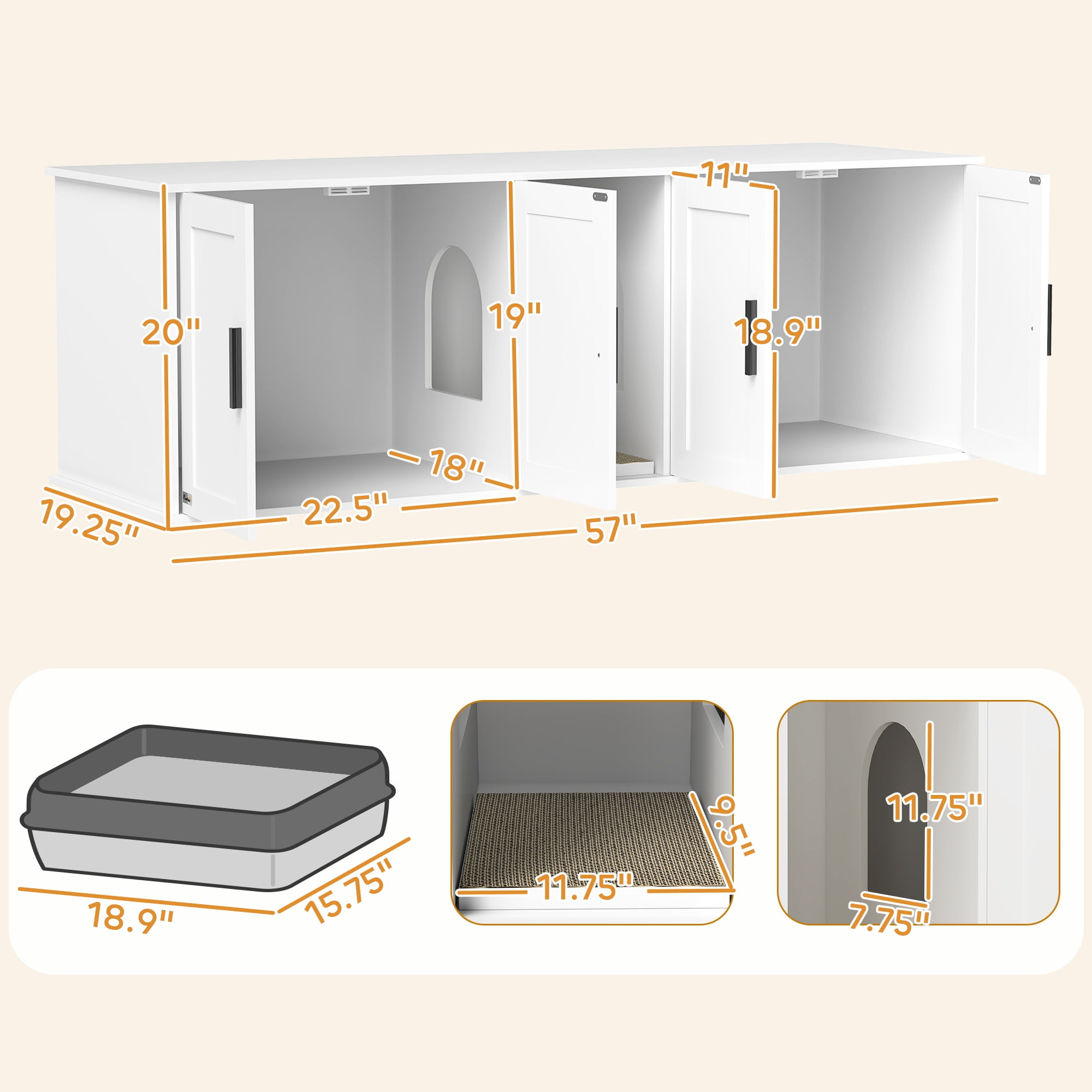 PawHut Cat Litter Box Enclosure for 2 Cats, Cat Washroom Furniture with Double Room, Scratching Mat, 57" x 19" x 20", White