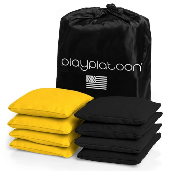 Play Platoon Weather Resistant cornhole Bags - Set of 8 Regulation corn Hole Bean Bags - Yellow Black - Durable Duck cloth corn Hole Bags for Tossing game, Includes Tote Bag