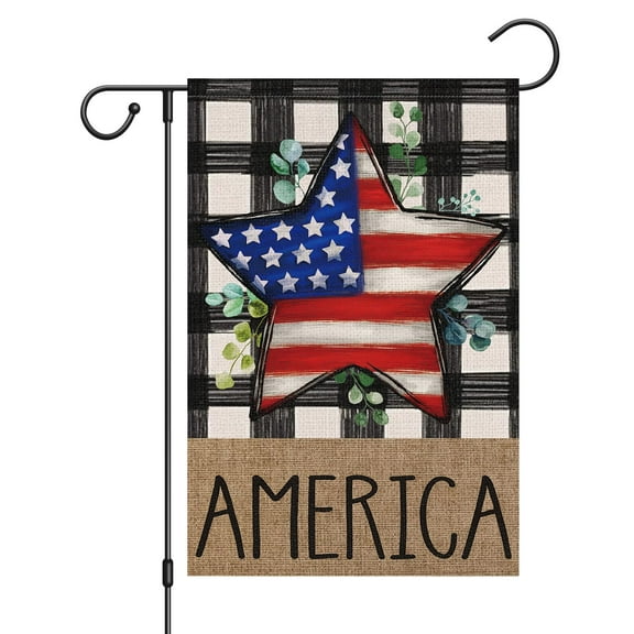 VOCHIC 4th of July Garden Flag 12x18 Double Sided, Small Burlap Welcome Patriotic Strip Stars Garden Yard House Flags Buffalo Check Plaid for Independence Day Outdoor Decor (Only Flag)