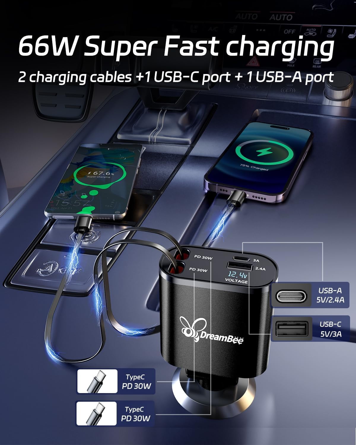 MHAWBL-Retractable Car Charger,66W Super Fast USB Car Phone Charger,Dual TypeC Retractable Cables Gifts for Men Women Car Truck Accessories for Samsung Galaxy S23+/S23,iPhone 17/16/15/ Pro Max, iPad