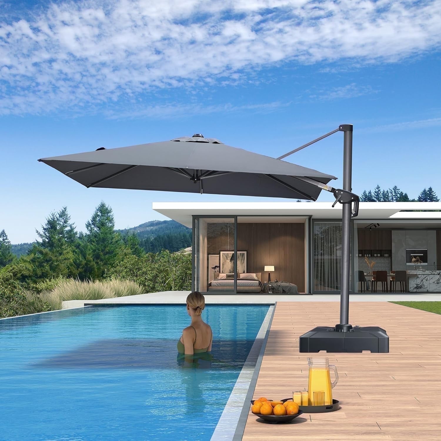 PURPLE LEAF 8' X 8' Patio Umbrella for pool 7' High Offset Cantilever Umbrella for Poolside, 360° Rotation Outdoor Umbrella, Light Grey