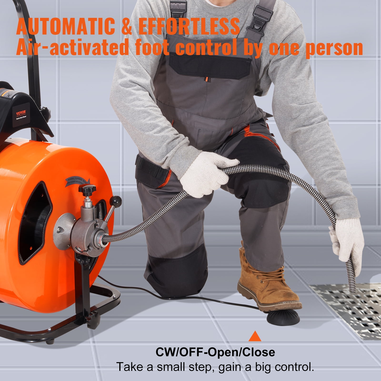 BENTISM Drain Cleaner Machine 100 FT x 3/4 " , 1800 RPM Sewer Auger Auto Feed with 4 Cutter & Air-activated Foot Switch for 1" to 4" Pipes
