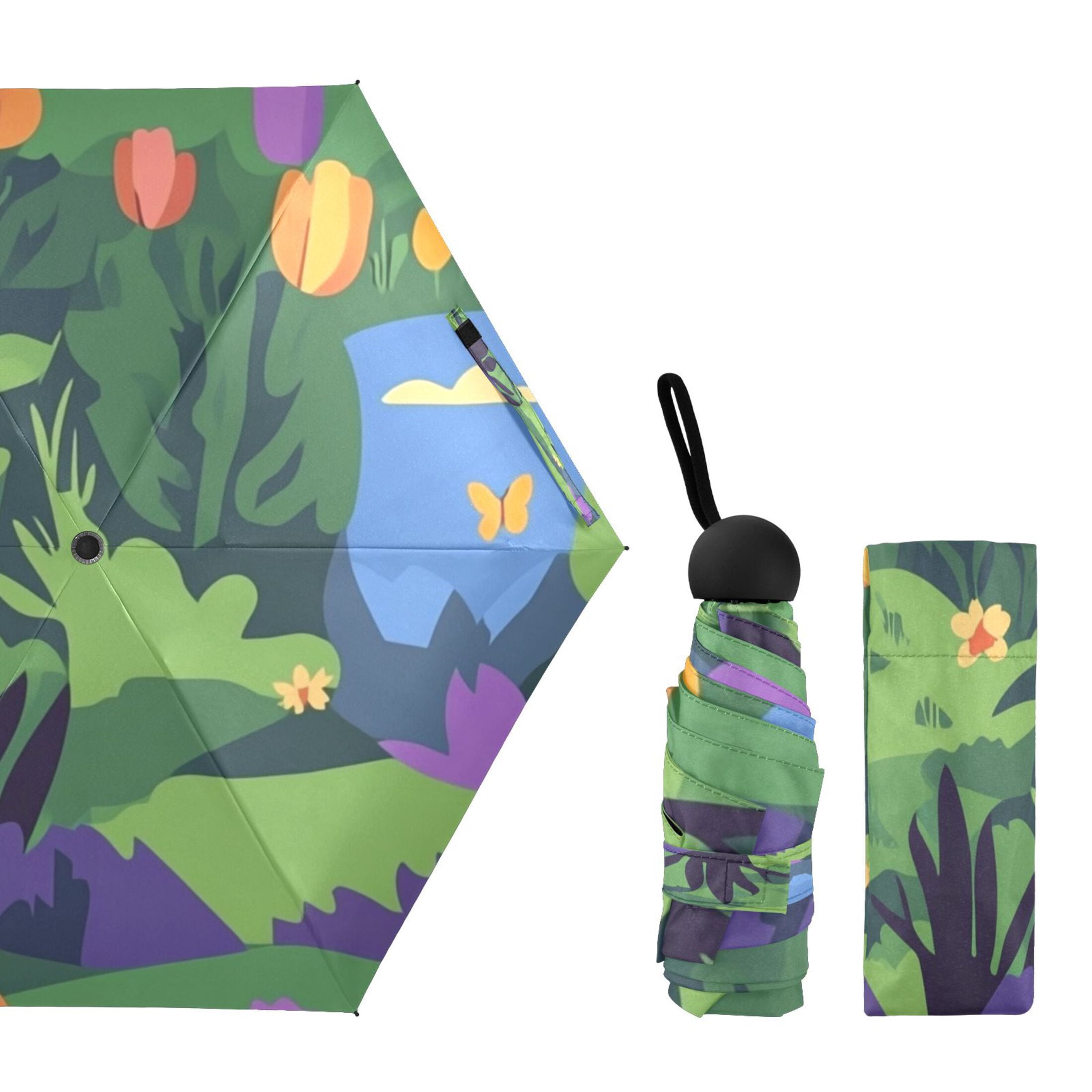 Vibrant Garden Scene Umbrellas for Sun Auto Open Close UV50+ Waterproof 5-Fold Compact Fiberglass Frame