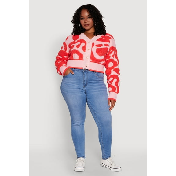 Womens Plus Size Tufted Knit Button Front Cropped Cardigan