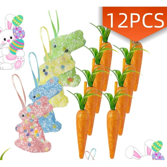 Easter Ornaments for Tree Decoration Hanging Bunny Carrot Ornaments Foam Glitter Artificial Carrots for Home D?cor Party DIY Crafts 12Pcs