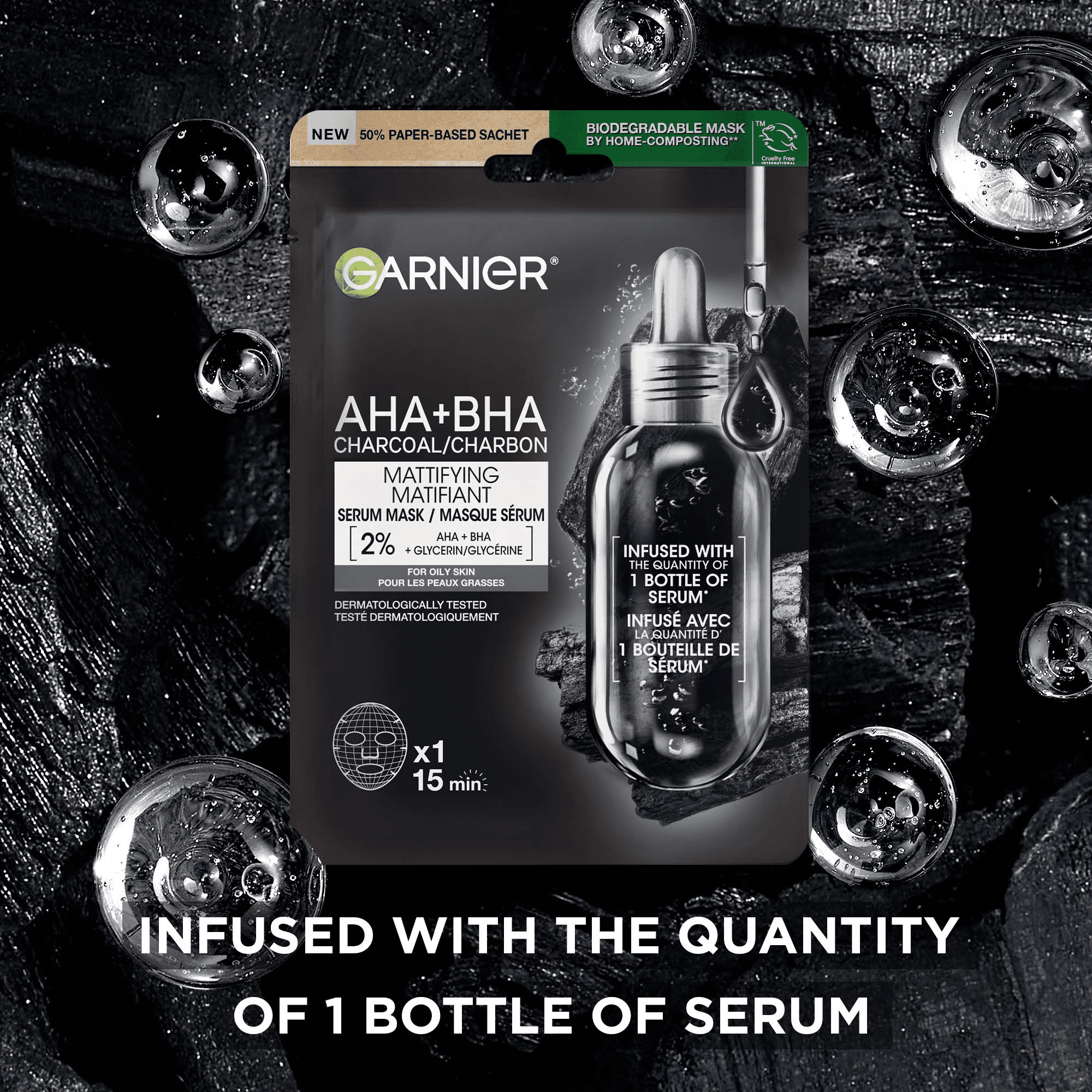 Garnier AHA+BHA Charcoal Mattifying Serum Mask, for Oily Skin, 1 Count