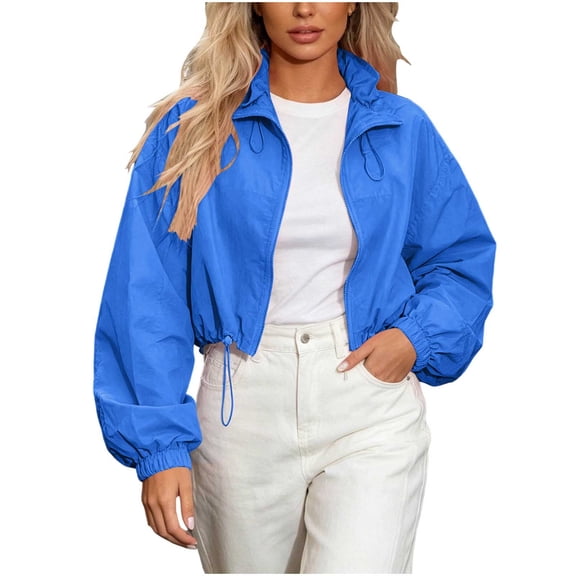 Njagoc3 Women's Cropped Zip up Jacket Stand Collar Long Sleeve Drop Shoulder Streetwear Coat with Drawstring Hem Multicolor Casual Outerwear