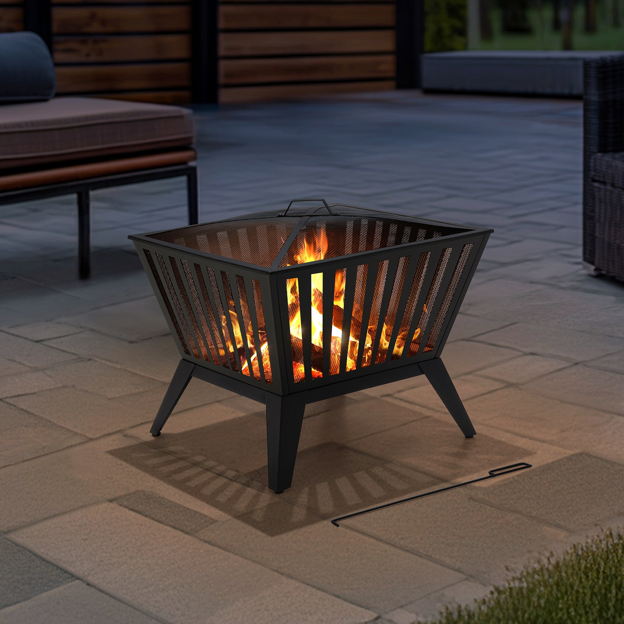 Sunjoy Firepit 28 Inch Wood Burning Fire Pit, Outdoor Black Steel Firepit with Fire Poker and Mesh cover