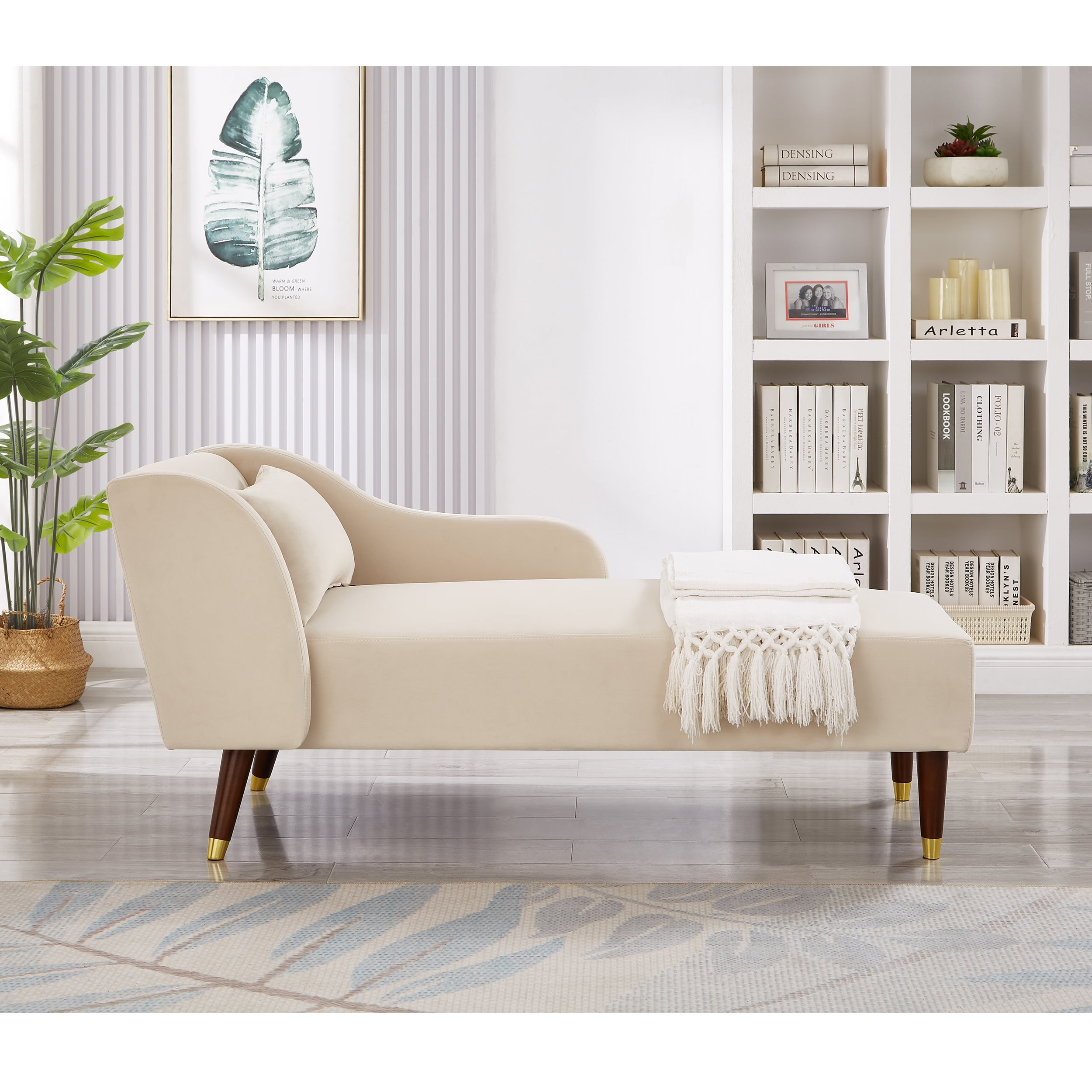 Miniyam Velvet Chaise Lounge, Upholstery Accent Chaise Chair with Pillow for Living Room Bedroom, Left Armrest, Beige