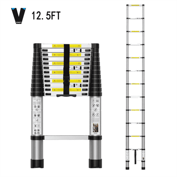 BOWEITI 12.5 ft Telescopic Aluminum Ladder, Foldable Extension Design with Non-Slip Feet, Lightweight, 330 lb Capacity
