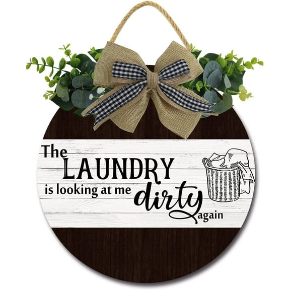 Eveokoki 12" The Laundry is Looking at Me Dirty Again Sign Rustic Wooden Plaque Wreaths for Laundry Room Wall Door Funny Decor Vintage Hanging Sign for Wash House Farmhouse