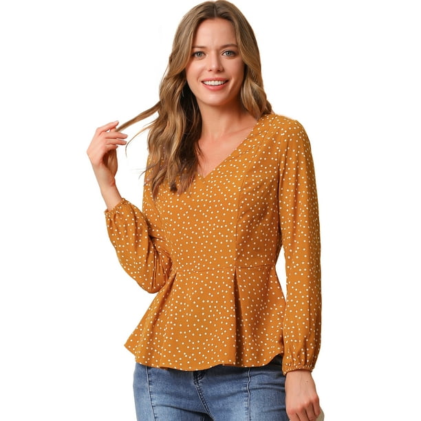 Top de blusa con peplum de trabajo de manga larga con cuello en V retro para mujer naranja S