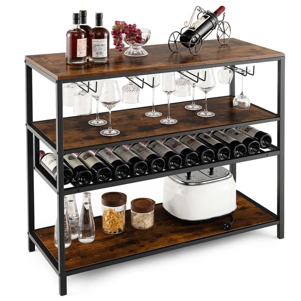 Mesa Botellero Costway de Estilo Industrial con 4 Filas de Portavasos y Estantes Abiertos Marrón Rústico