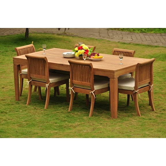 Teak Dining Set: 6 Seater 7 Pc: Large Caranasas 122" Dining Rectangle Table Table & 6 Giva Armless Chairs Outdoor Patio Grade-A Teak Wood WholesaleTeak #WMDSGV58