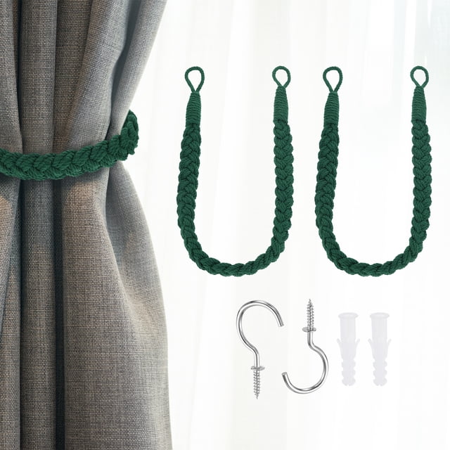 2Pcs Sujetadores de Cortina de Cuerda, 23.6" Sujetador de Cortina de Algodón Tejido a Mano, Verde Oscuro