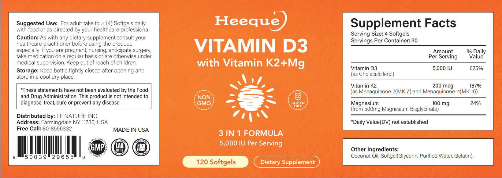 Heeque Vitamin D3 K2, D3 5000 IU, K2 200 mcg, with Magnesium Glycinate, Triple-Action High-Absorption Bone and Immune Support, 120 Softgels