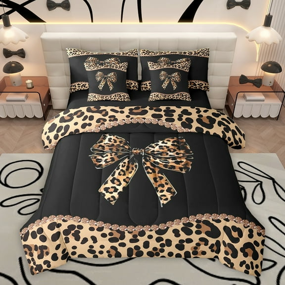 Homewish Girls Vintage Ribbon Twin Bedding Sets 7-Piece, Brown Leopard Print Bowknot Bedding Comforter Set, Old Fashion Reversible Sheet Sets, Breathable Home Decor