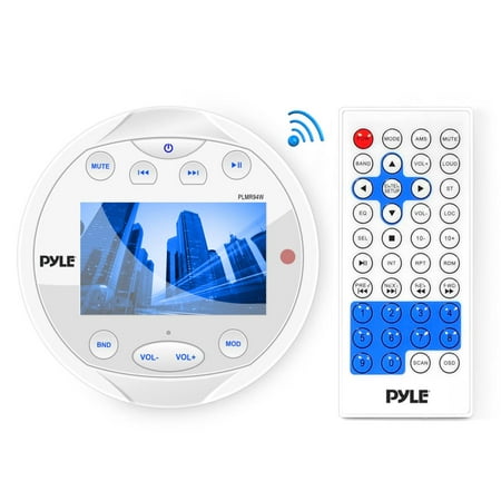 PYLE PLMR94W - Round Waterproof Marine Radio - 4 x 28 W Aquatic Boat in Dash Gauge Stereo Receiver with Bluetooth, AM FM, Digital LCD, USB, AUX, RCA - Wiring Harness, Bracket, Remote Control